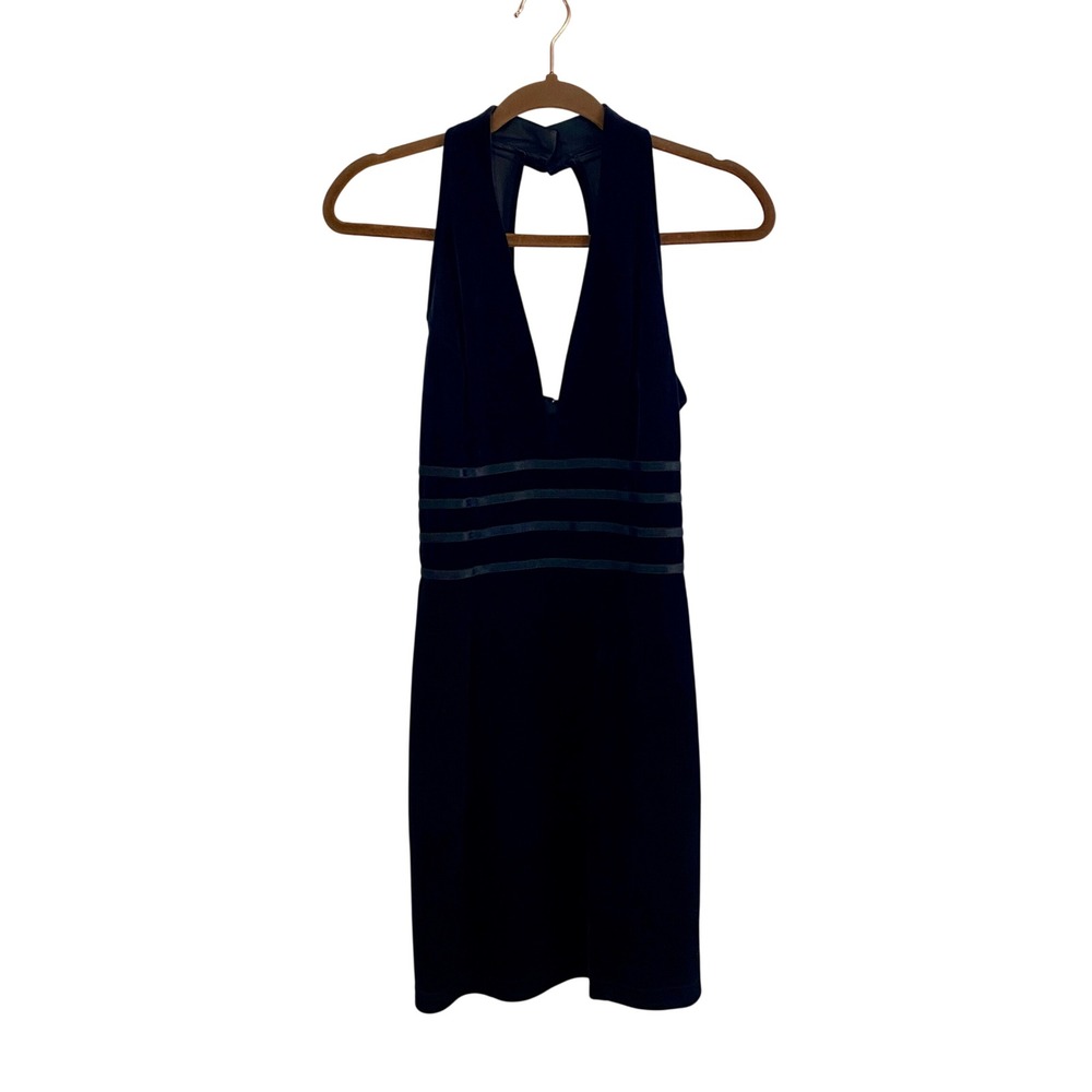VTG 90s Velvet Deep V-Neck Halter Mini Dress Mesh Stripe Black Cocktail Party